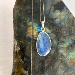 Sterling Silver 925 Bezel Set Blue Kyanite Pendant Necklace 18.75" Box Chain